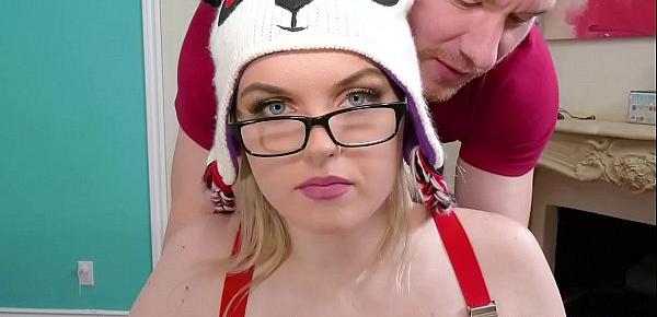  Nerd teen River Fox bouncing her pink pussy on top of the lucky stud